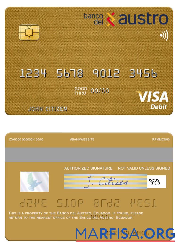 Downloadable Ecuador Banco del Austro visa debit card example
